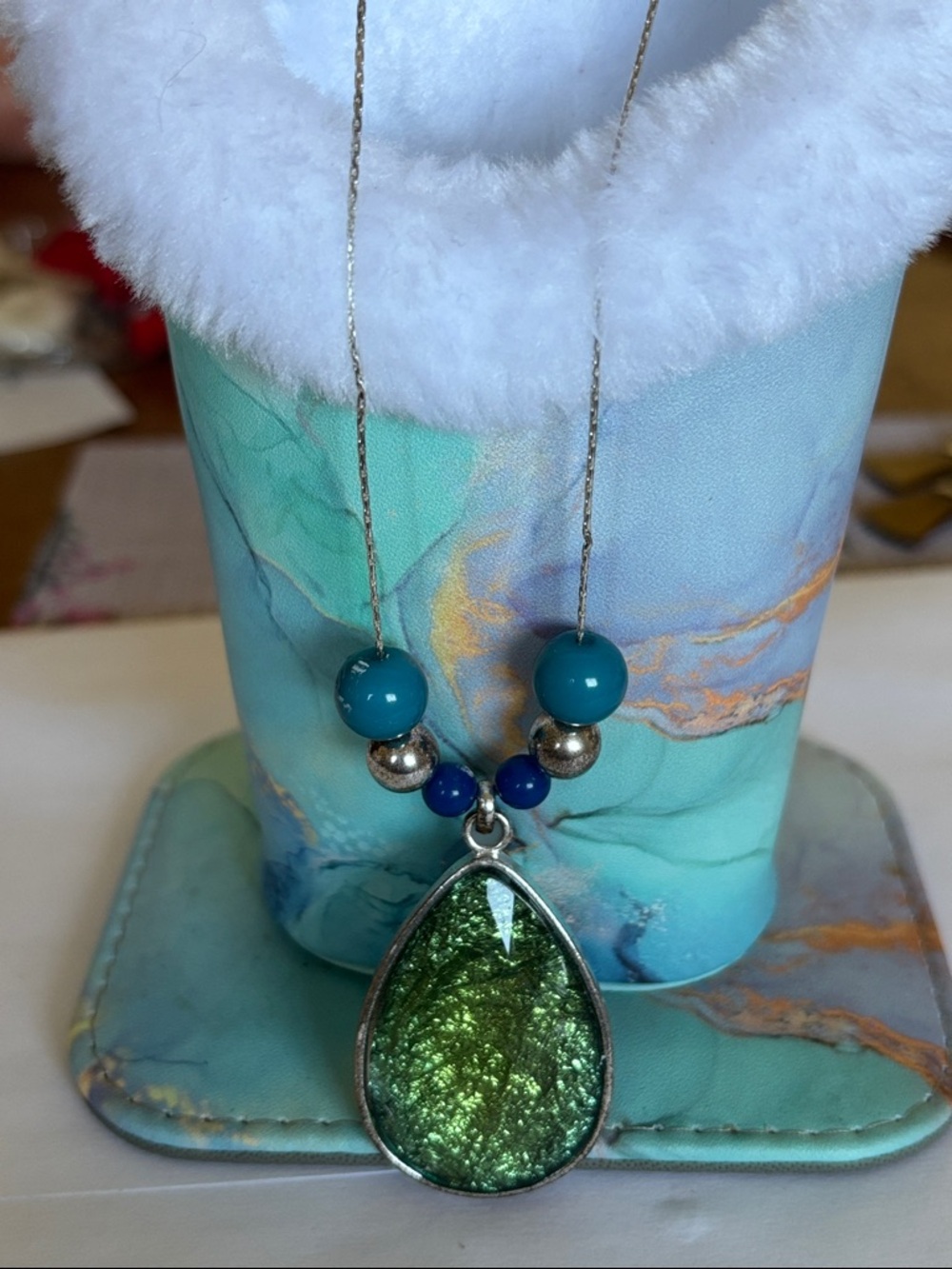 Green Teardrop Pendant Necklace   with Blue Bead Accents